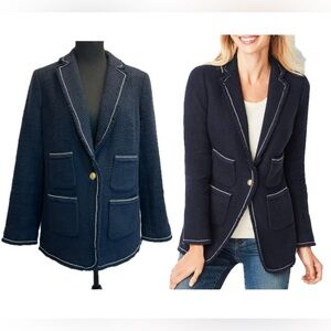 Talbots navy blue white trim tweed single breasted blazer jacket Sz 10